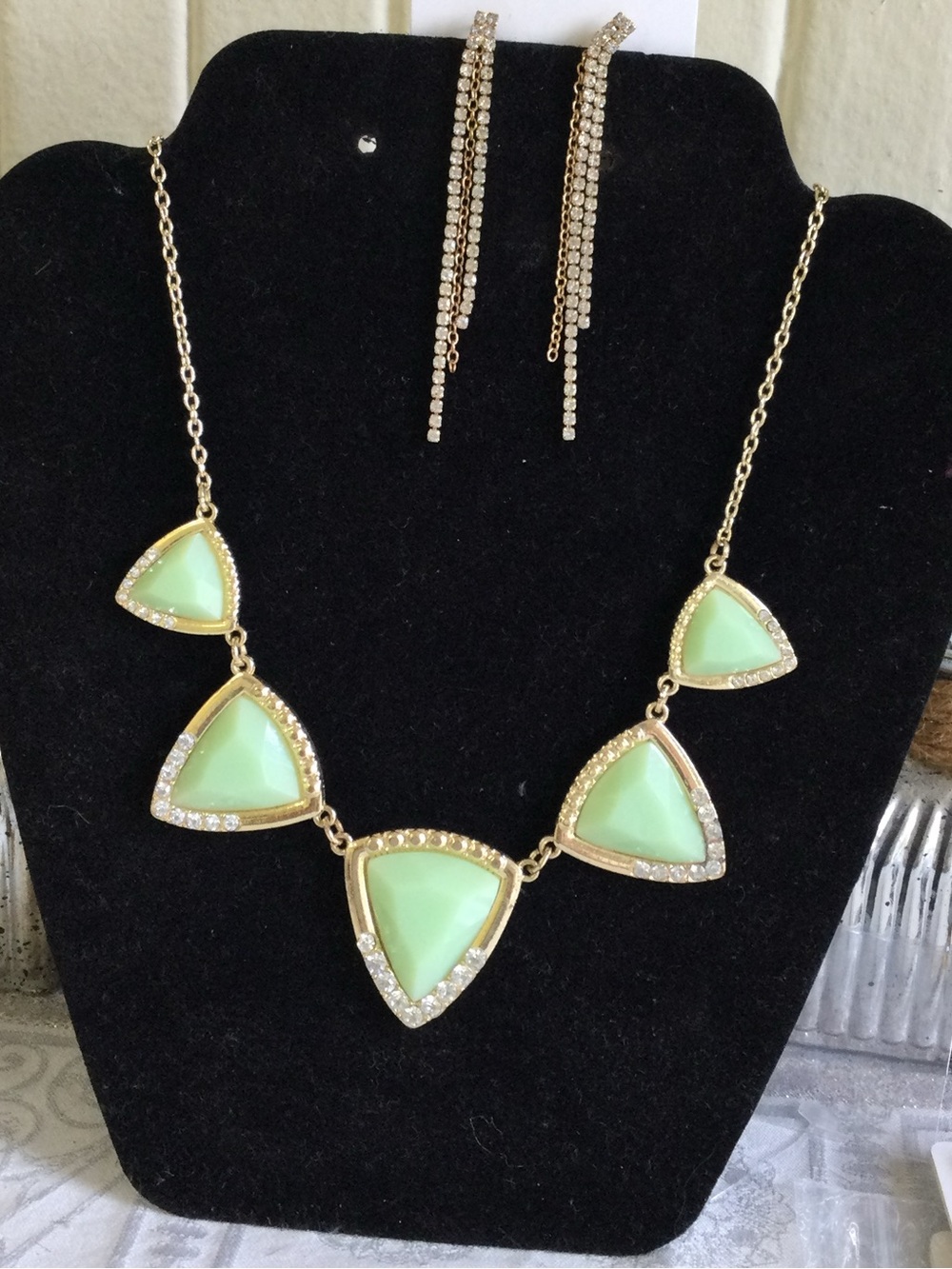 Gold-Tone Necklace and Drop Earrings Set with Mint Green Triangular Stones